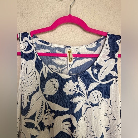 Shoreline Blue & White Hawaiian Floral Puff Print Stretch Maxi Tank Dress L - Picture 6 of 10